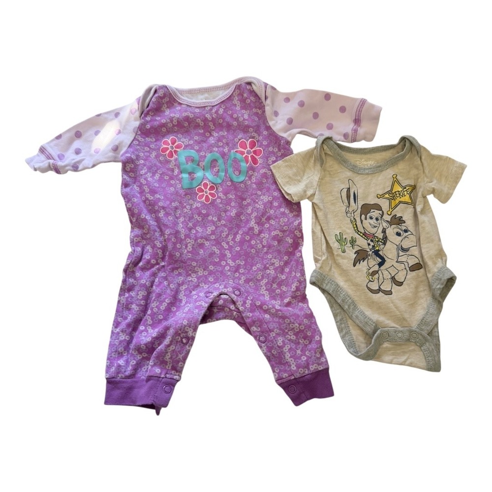 Disney Toy Story Monsters Inc Baby 3M Romper Bodysuit Woody Boo Purple Tan Lot